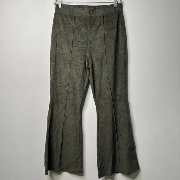 NEW Aerie Olive Green Groove On Velour Rib Flared High Rise Pants Women's Large - Picture 3 of 6